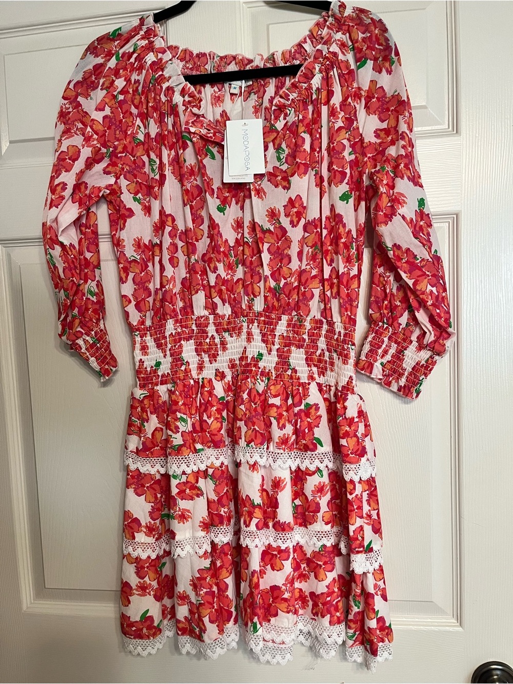 Pink Floral Tiered Casual Dress with Smocked Waist